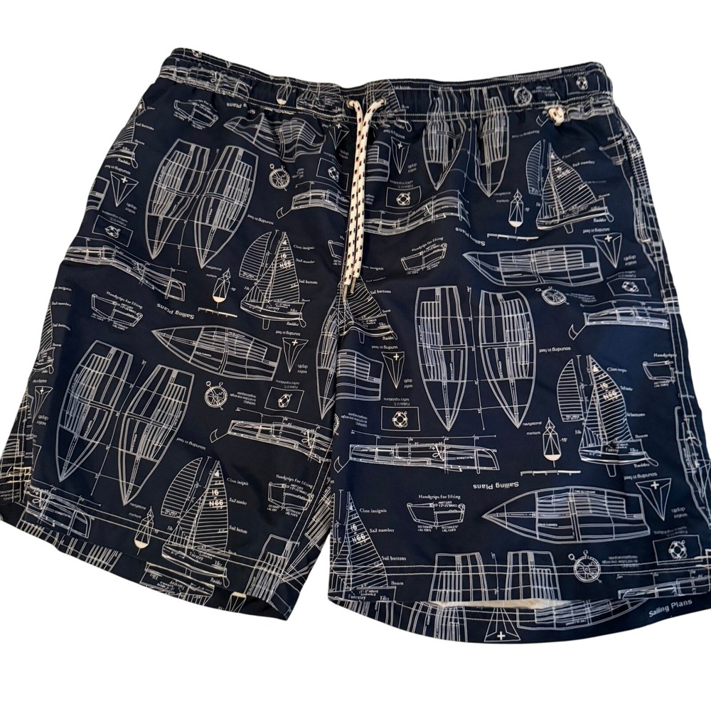 Lands End Men's Navy Sailing Blueprint Swim Trunks Size‎ XL